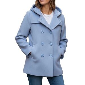 CLEARANCE Light Blue Wool Peacoat - Hooded - Size Medium